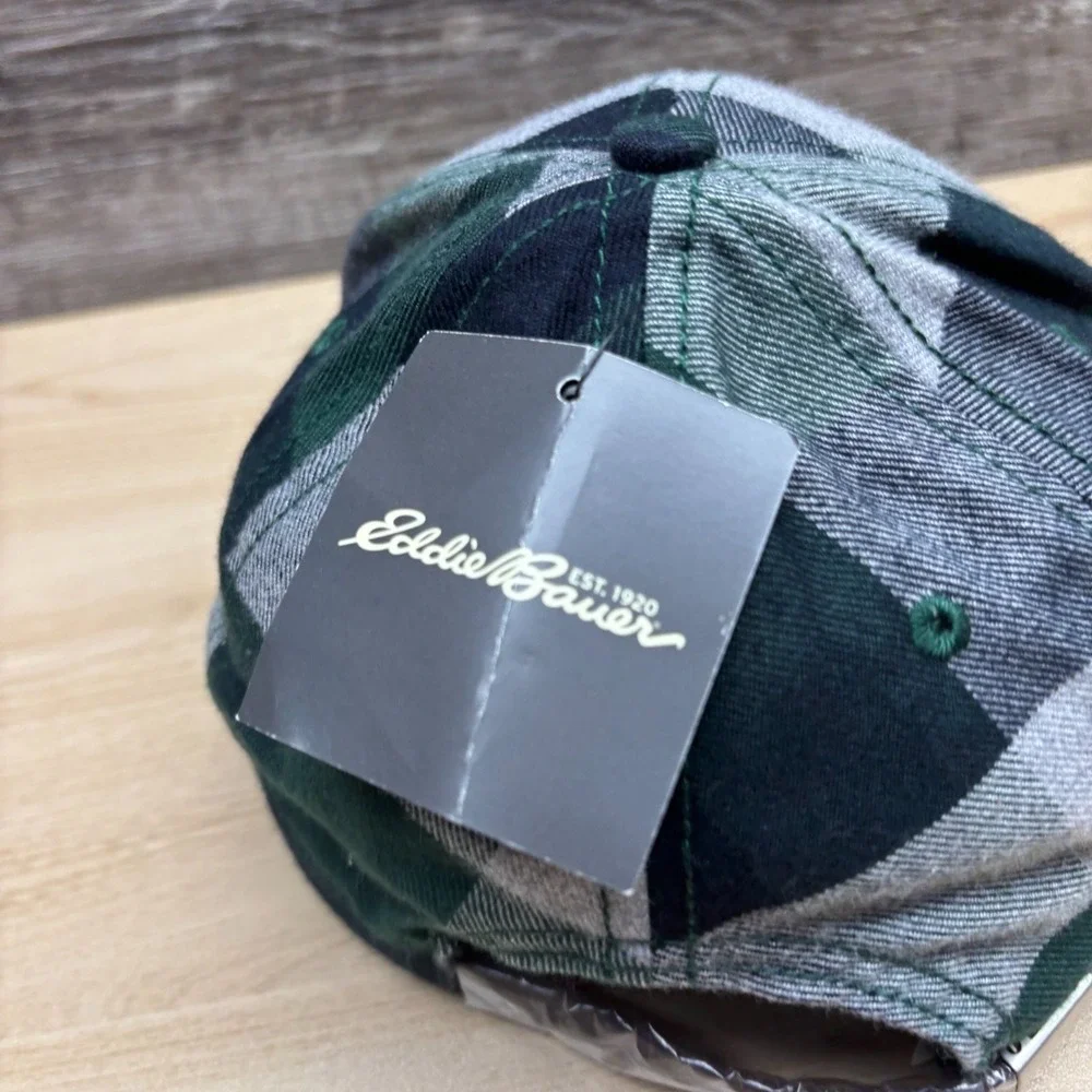 Eddie Bauer Hat Cap‎ Strap Back Green Black Gray Plaid Patch Outdoor Hiking NWT